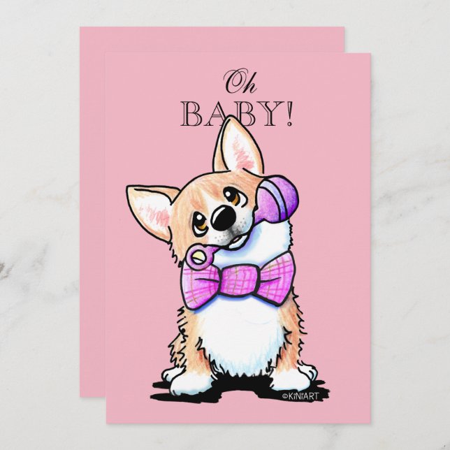 Convites para Bebê Rosa KiniArt Corgi (Frente/Verso)