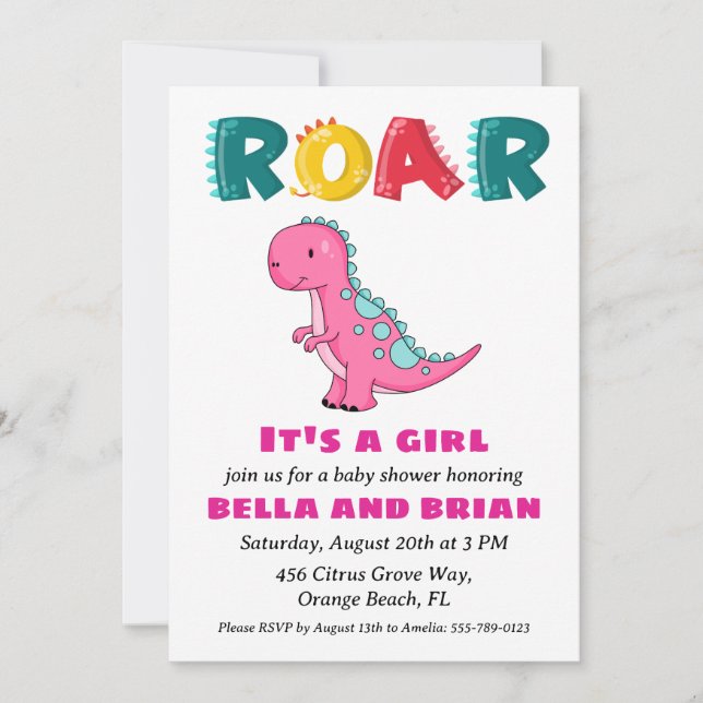 convites para bebês de dinossauros cor-de-rosa (Frente)