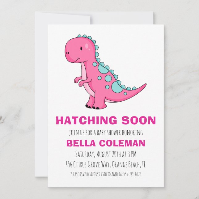 convites para bebês de dinossauros cor-de-rosa (Frente)