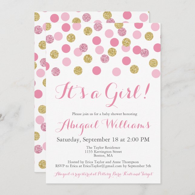 Convites para Bebês, Rosa e Dourado, com brilho (Frente/Verso)