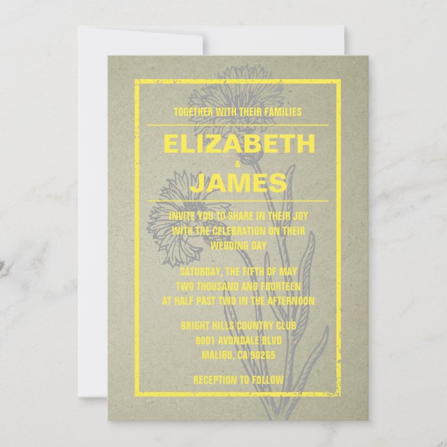 Convites para Casamento Amarelo Rustic Vintage (Frente)