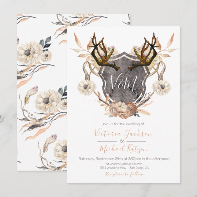 Convites para Casamento Antler com Aquarela Crest  (Frente/Verso)