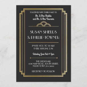 Convites para Casamento Art Deco Black & Dourado d