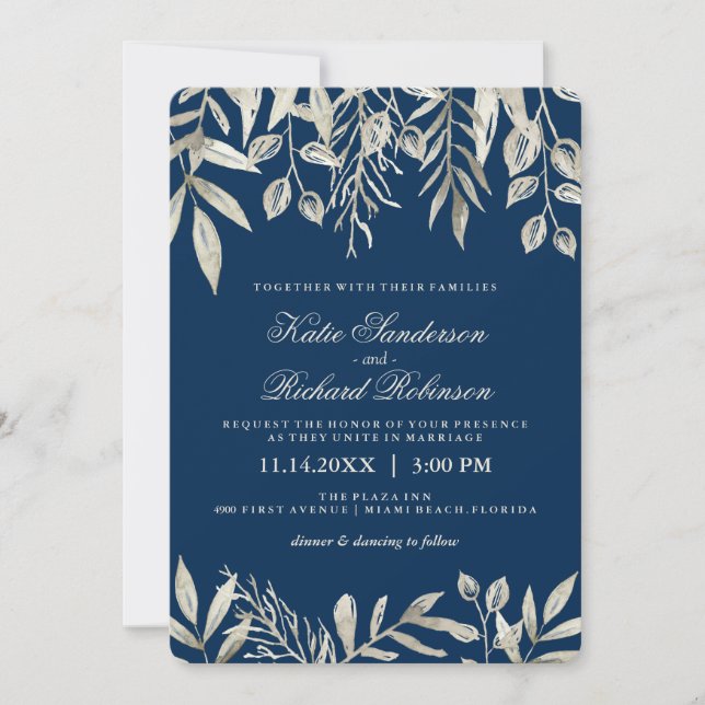 Convites para Casamento Azul de Prata e Marinho (Frente)
