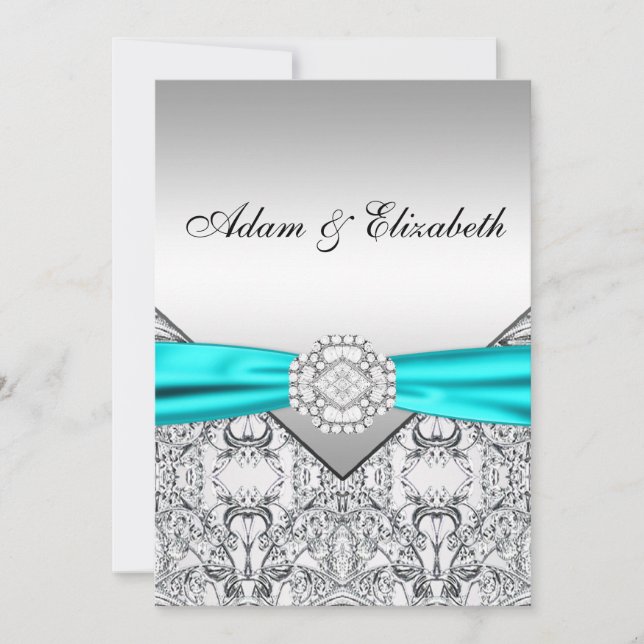 Convites para Casamento Azul de Teal Silver Elegan (Frente)