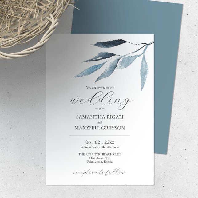 Convites para Casamento Botânicos Azuis (Dusty blue wedding invitation botanical watercolor leaves by Victoria Grigaliunas of Do Tell A Belle)