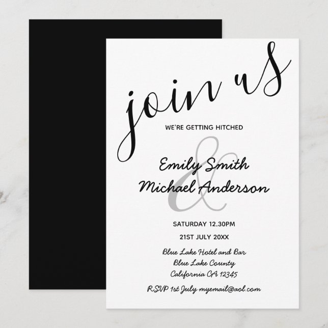 Convites para Casamento Branca Preto Moderno Premi (Frente/Verso)