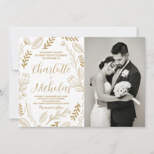 Convites para Casamento Branco de Arte ouro com Fo