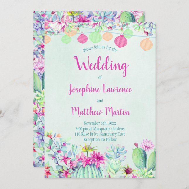 Convites para Casamento Cactus Lantern Fiesta (Frente/Verso)