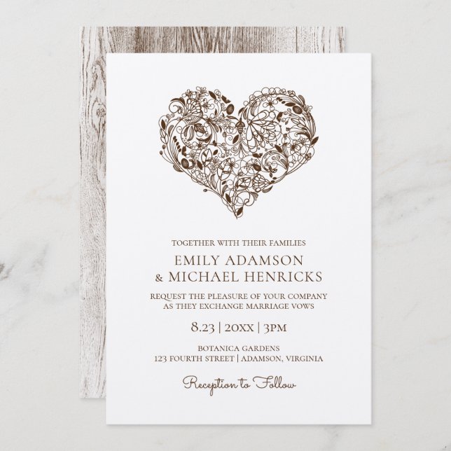 Convites para Casamento Cardíaco Floral | Brown Kr (Frente/Verso)