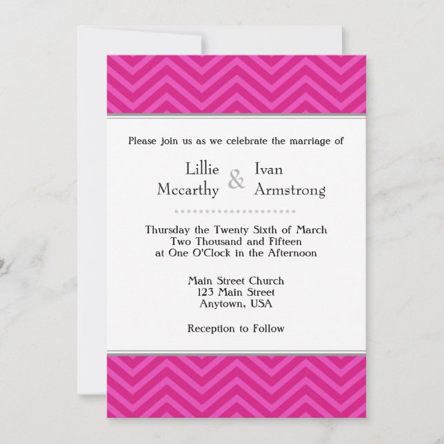 Convites para Casamento Chevron Rosa Quente (Frente)