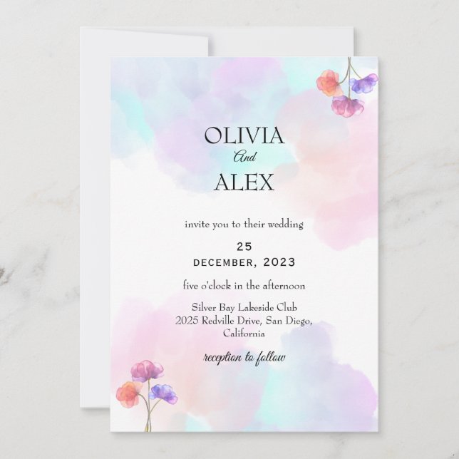 Convites para Casamento Chic Rosa e Azul (Frente)