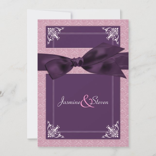 Convites para Casamento com Damask Plum Elegante (Frente)