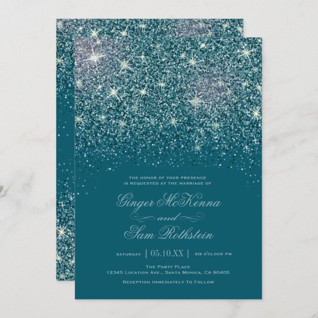 Convites para Casamento com Glitter Teal (Frente/Verso)