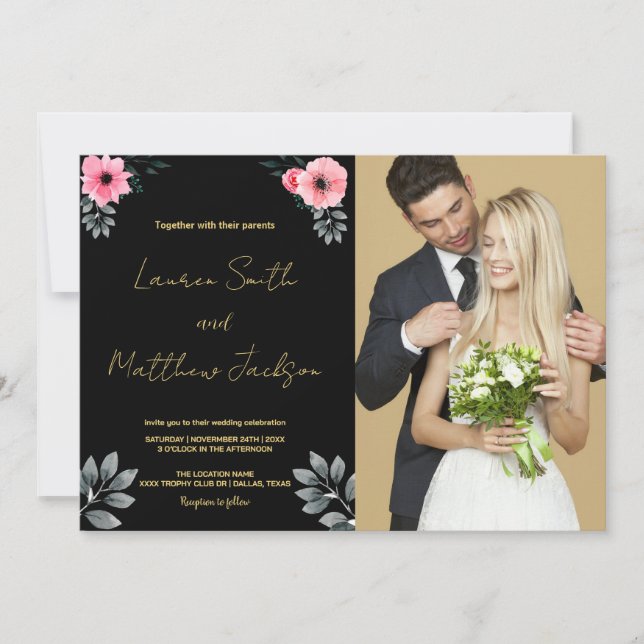 Convites para Casamento com Ouro Floral Rosa com F (Frente)