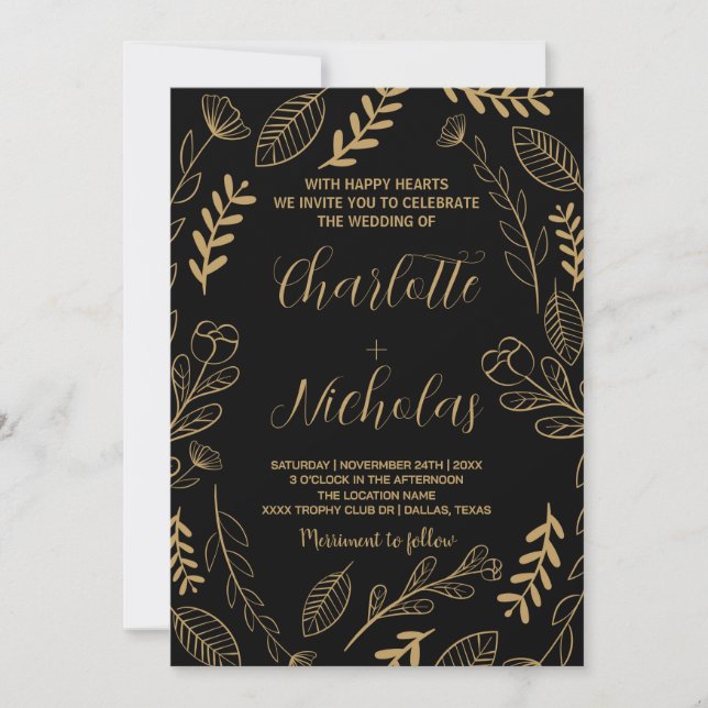 Convites para Casamento de Arte Negra ouro (Frente)