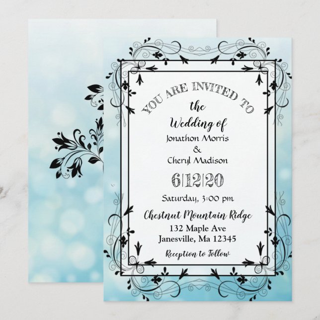 Convites para Casamento de Árvore Decorativa Azul  (Frente/Verso)