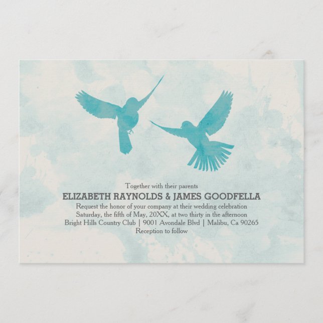 Convites para Casamento de Aves Azuis Vintage (Frente)
