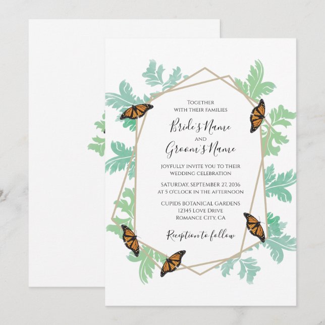 Convites para Casamento de Borboleta Monarca Elega (Frente/Verso)