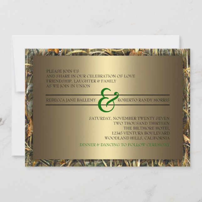Convites para Casamento de Camo Verde e Dourado (Frente)