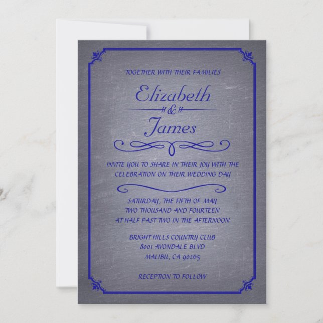 Convites para Casamento de Chalkboard Real Blue Vi (Frente)