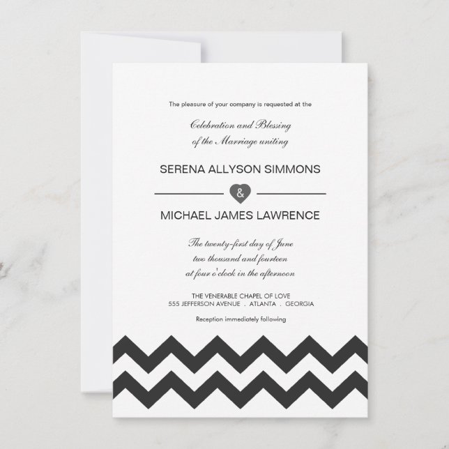 Convites para Casamento de Chevron Moderno, Preto  (Frente)