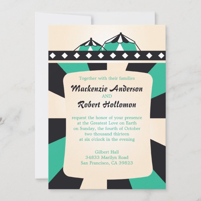 Convites para Casamento de Circo - Preto e Teal (Frente)