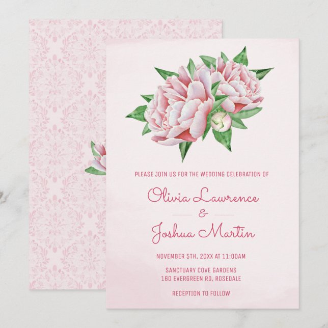Convites para Casamento de Cor d'Água Pink Peony (Frente/Verso)