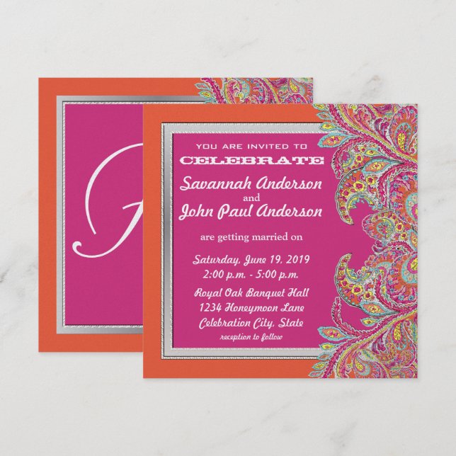 Convites para Casamento de Coral e Paisley Pink (Frente/Verso)
