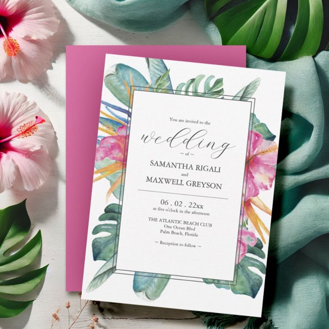 Convites para Casamento de Destino Floral Tropical (Tropical wedding invitations watercolor floral and palm leaf art Victoria Grigaliunas DoTellABelle)
