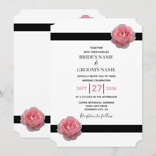 Convites para Casamento de Fita Negra Rosa Rosa El (Frente/Verso)