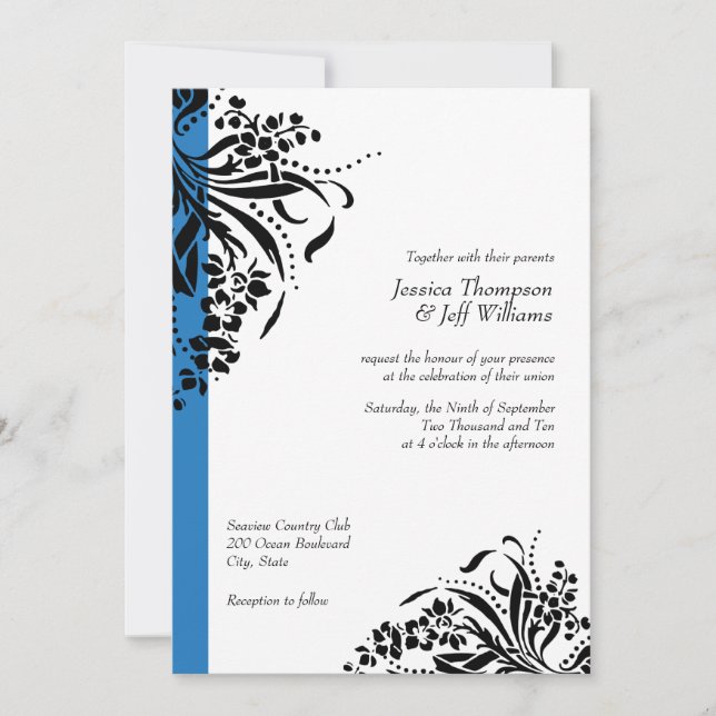 Convites para Casamento de Flores Azuis e Pretas (Frente)