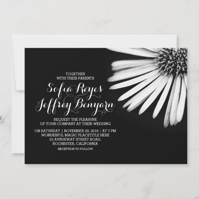 Convites para casamento de flores brancas e pretas (Frente)