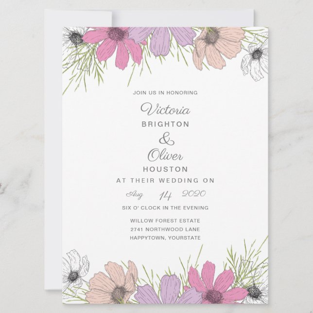 Convites para Casamento de Flores do Cosmos Lilac (Frente)