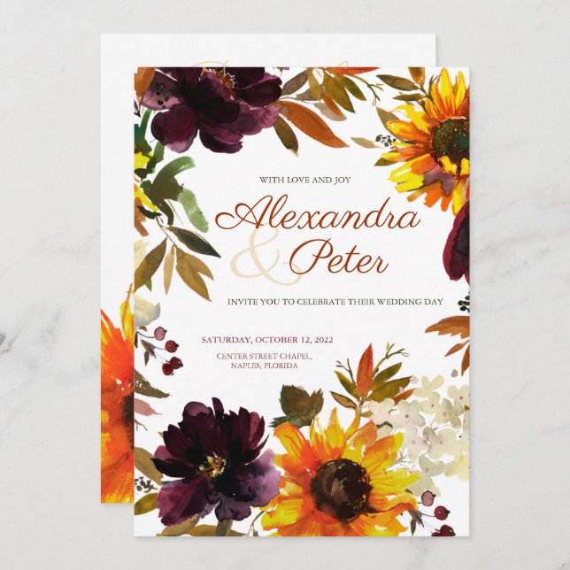 Convites para Casamento de Girassol Dourado e Borg (Frente/Verso)