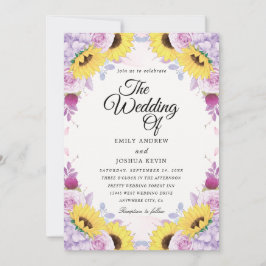 Convites para casamento de girassol e roxo