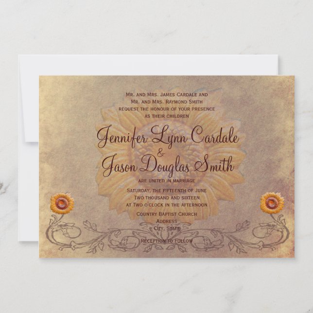 Convites para Casamento de Girassol no País Rústic (Frente)