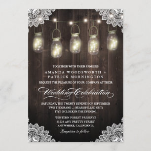 Convites para Casamento de Lace Mason Jar e Madeir