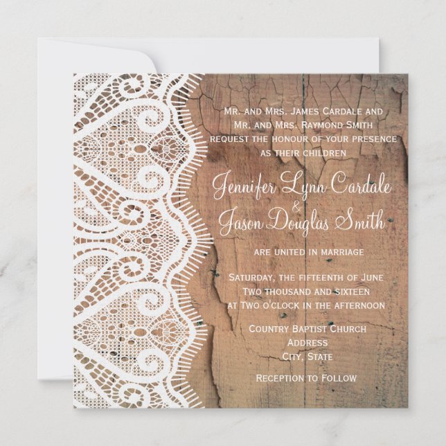 Convites para Casamento de Madeira e Lace Square (Frente)