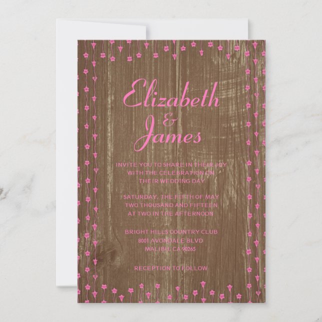 Convites para Casamento de Madeira Marrom-rosa (Frente)