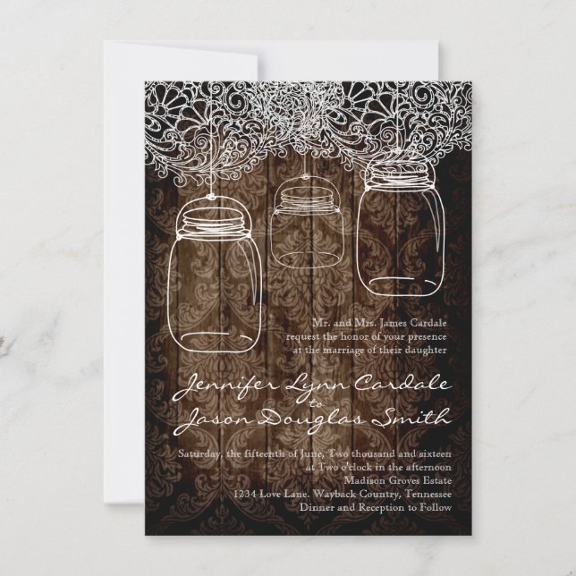 Convites para Casamento de Madeira Mason Jar Lace  (Frente)