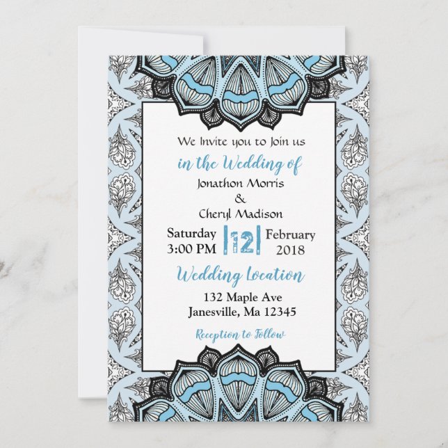 Convites para Casamento de Mandala Azul, Preto e B (Frente)