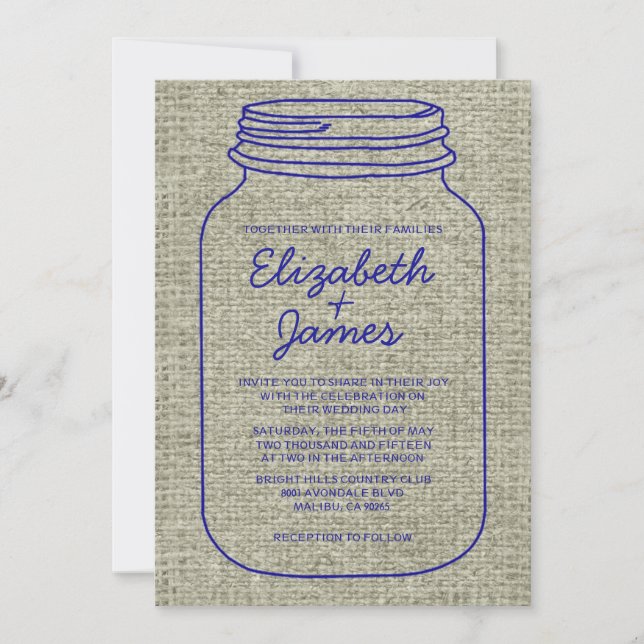 Convites para Casamento de Mason Jar de Burlap Azu (Frente)