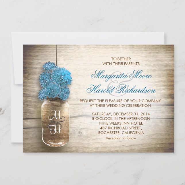 Convites para casamento de Mason jar e flores azui (Frente)