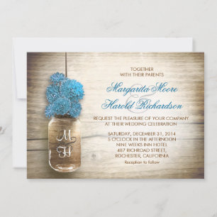 Convites para casamento de Mason jar e flores azui