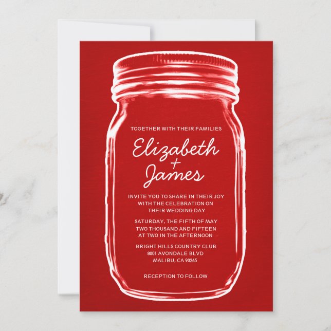 Convites para Casamento de Mason Jar, Red & White  (Frente)