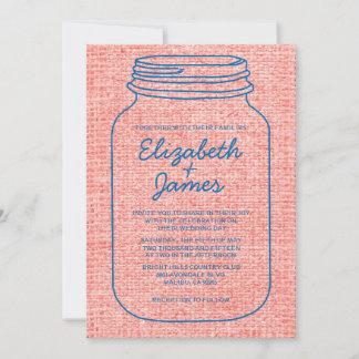 Convites para Casamento de Mason Jar Russo Azul e