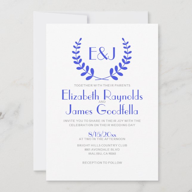 Convites para Casamento de Monograma Azul Real (Frente)