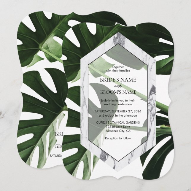 Convites para Casamento de Monstera Marble Tropica (Frente/Verso)