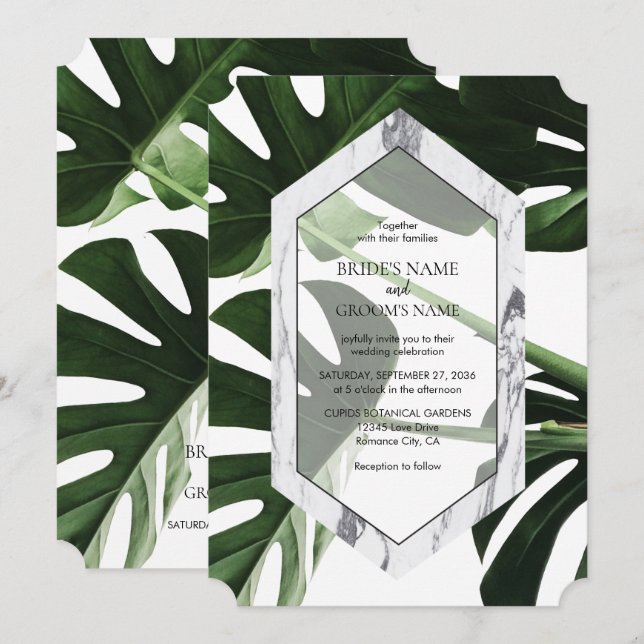 Convites para Casamento de Monstera Marble Tropica (Frente/Verso)
